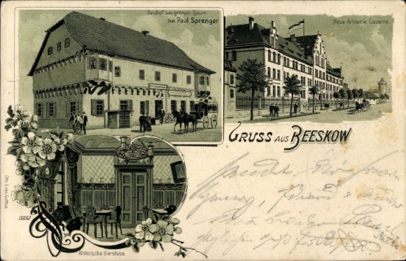 Mondschein Litho Beeskow in Brandenburg, Gasthof zum grünen Baum, Neue Artillerie Kaserne, Bierstube