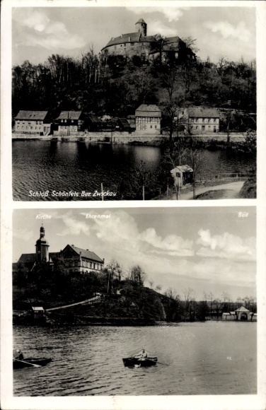 Postcard Schönfels Lichtentanne in Saxony, castle, church, memorial, bath, rowing boat