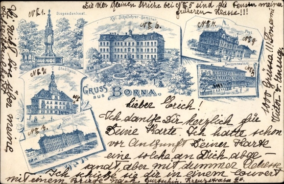 Litho Borna in Sachsen, Post, Realgymnasium, Kgl. Lehrer Seminar, Siegesdenkmal, Stadthaus, Kaserne