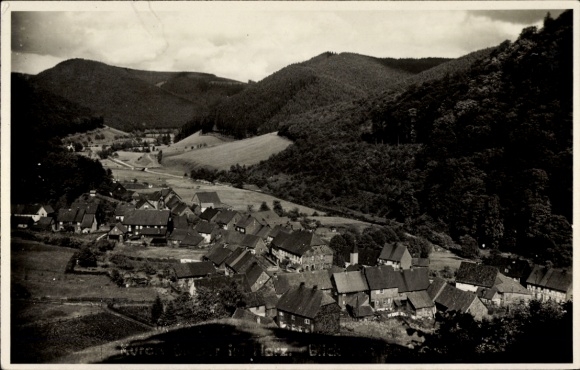 Ak Sieber Herzberg am Harz, landschap, bergachtige omgeving, uitzicht op huizen, bos, dorpsgezicht