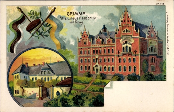 Chromo-Litho Grimma in Saxony, old and new secondary school with prog., no. 2158
