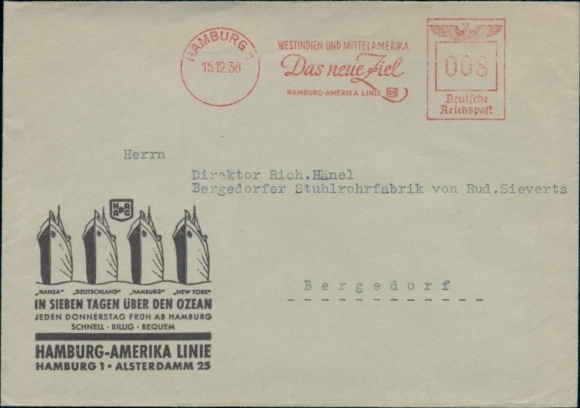Briefumschlag Werbestempel Hamburg Amerika Linie HAPAG, Westindien und Mittelamerika, Das neue Ziel