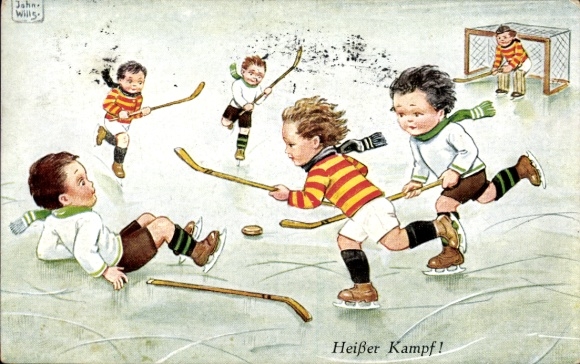 Artist Postcard Wills, John, Hot Fight, Children Playing Ice Hockey
