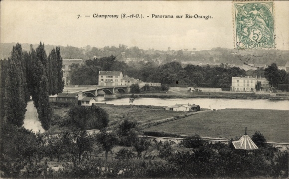 Ak Champrosay Draveil Essonne, Panorama über den Fluss, Brücke, Häuser, Bäume, Poststempel