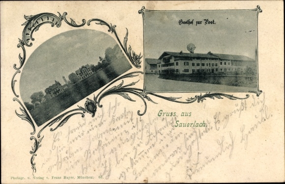 PC Sauerlach in Oberbayern, Gasthof zur Post, partial view with church