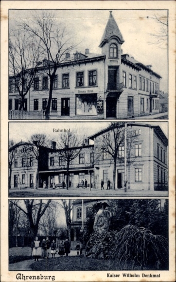 Ak Ahrensburg in Holstein, Bahnhof, Kaiser Wilhelm Denkmal