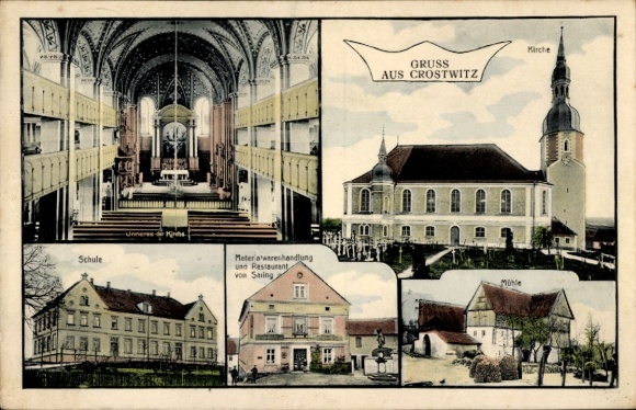Ak Crostwitz in der Oberlausitz, Kirche, Mühle, Schule, Materialwarenhandlung und Restaurant v...
