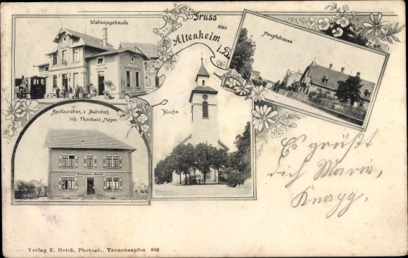 Ak Altenheim Neuried in Baden Württemberg, Bahnhof, Kirche, Hauptstraße, Restauration zum Bahnhof