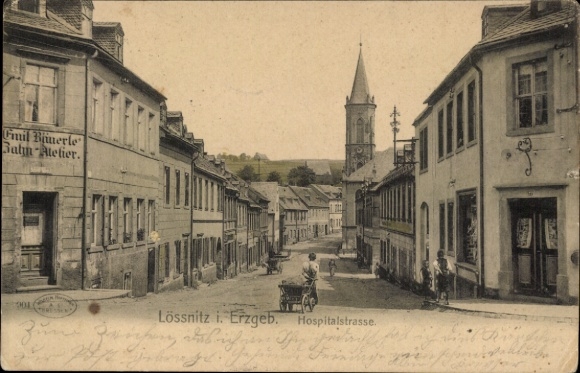 Postcard Lößnitz Lössnitz in the Erzgebirge, Hospitalstrasse, dental studio Emil Bäuerle