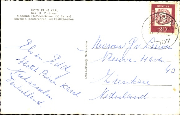 Postcard Neckarsulm, Hotel prince Karl, H. Zartmann, guest rooms, conference rooms