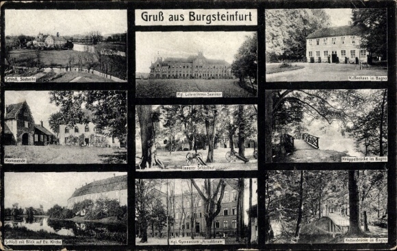 Postcard Burgsteinfurt Steinfurt in Münsterland, coffee house, Krüppe bridge, castle, royal gymnasium
