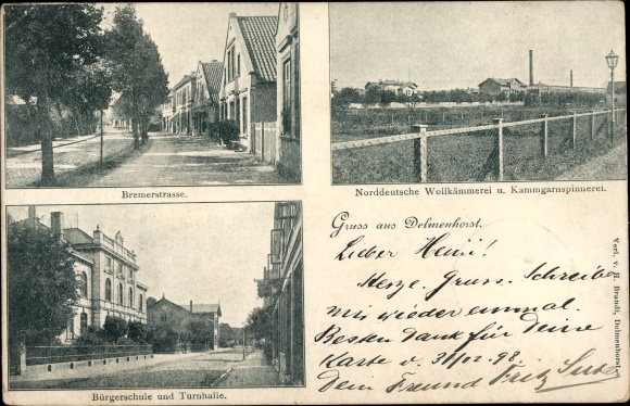 Postcard Delmenhorst, public school, gymnasium, Bremerstraße, Nordd. Wool combing, worsted yarn spinning