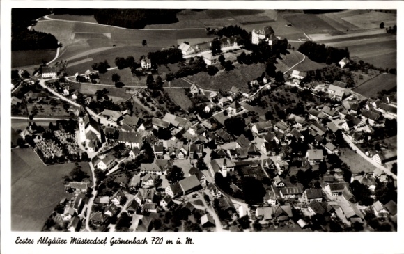 Postcard Bad Grönenbach in Allgäu, aerial view of village architecture, quiet landscape