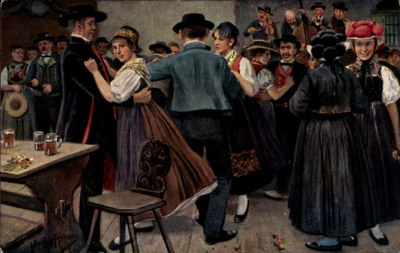 Kunstenaarskaart Hoffmann, H., kerkwijding in het Kinzigtal, paren in Zwarte Woud-kostuums, dans, muzikanten