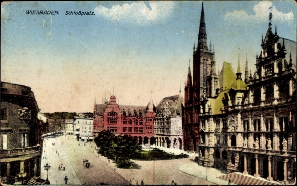 Ak Wiesbaden in Hessen,  Schloßplatz,  Gebäude, bunte 