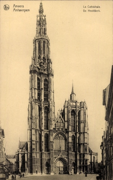 PC Antwerp Flanders, cathedral from high tower, Gothic architecture, black and white