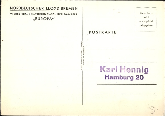 Artist PC four-screw high-speed turbine steamer Europe, North German Lloyd Bremen