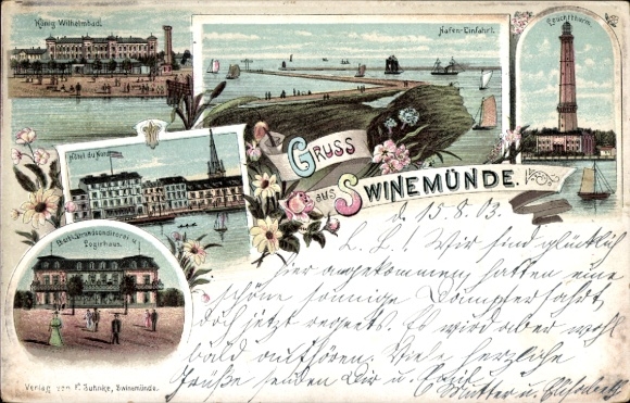 Chromo-Litho Świnoujście Swinoujscie Pomerania, King William Bath, lighthouse, hotel, harbor entrance