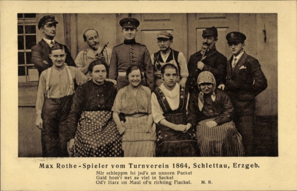 Ak Schlettau in het Ertsgebergte, Max Rothe speler van de gymnastiekvereniging 1864, groepsfoto