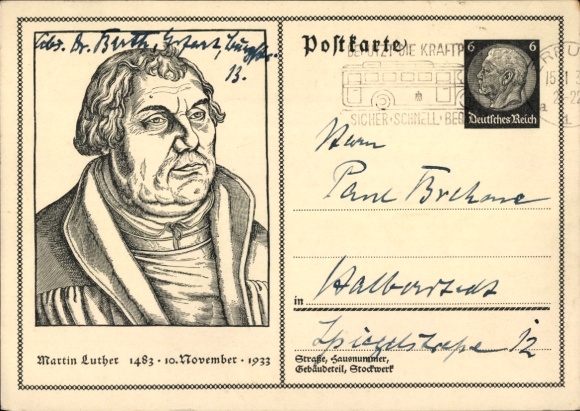 Postal stationery PC Martin Luther, 1483, 10 November 1933