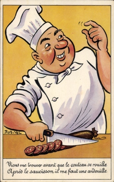 Artist Postcard Rob. Vel, Cook with Sausage and Knife