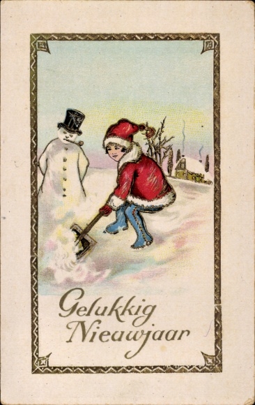 Ak Glückliches Neujahr, Kind mit Schneemann