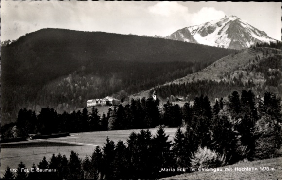 Postcard Aschau im Chiemgau Upper Bavaria, mountain landscape, Hotel Maria Eck, Hochfelln, snow-covered mountains