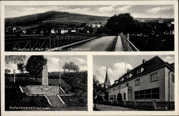 Postcard Friedlos Ludwigsau in Hesse, war memorial, school, view of the town