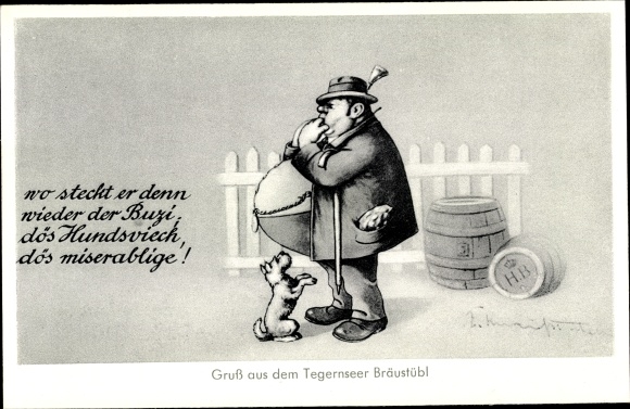 Artist PC Tegernsee in Upper Bavaria, Bräustüberl, man with a big belly is looking for his dog