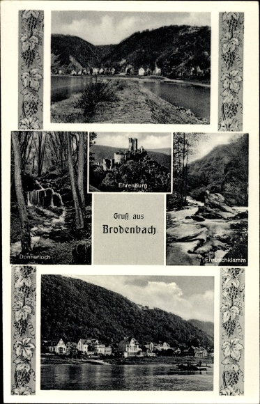 Ak Brodenbach an der Terrassenmosel, Ehrenburg, Ehrbachklamm, Donnerloch, Blick auf den Ort