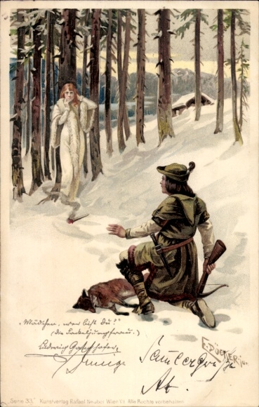 Kunstenaar litho Döcker, E, jager, vos, vrouw, bosgebied, Ludwig Ganghofer