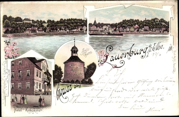 Chromo-Litho Lauenburg in Schleswig Holstein, Hotel Ratskeller, office tower, river area