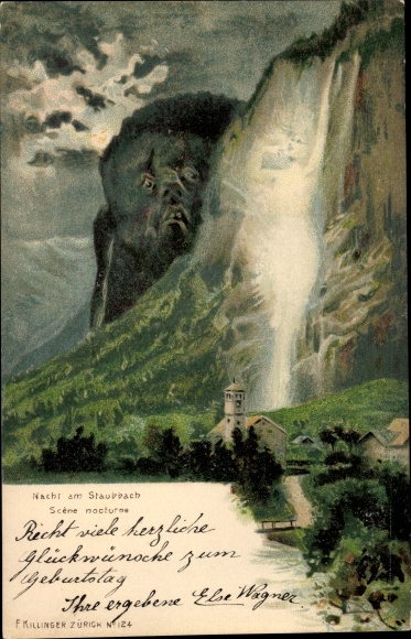 Chromo-Litho Nacht am Staubbach, Scène nocturne, Killinger No 124, Berggesichter