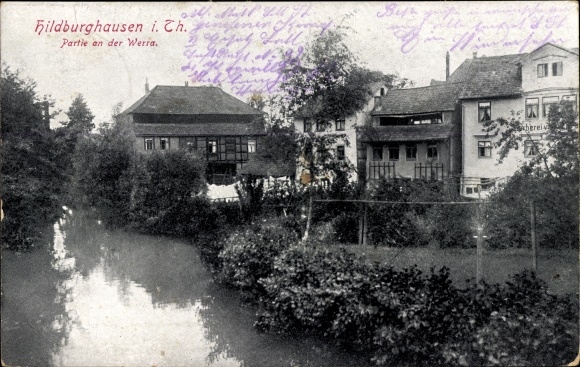 KP Hildburghausen w Turyngii, domy nad rzeką Werra, pralnia