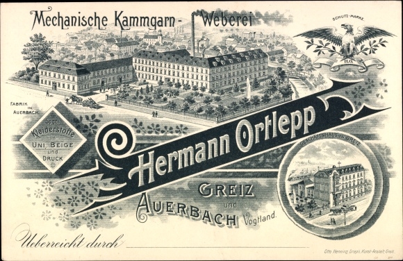 Chromo-Litho Mechanical worsted weaving mill Hermann Ortlepp, factory Auerbach, commercial building Greiz
