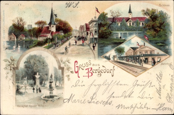 Chromo-Litho Hamburg Bergedorf, castle, train station, track side, monument to Kaiser Wilhelm I, street section