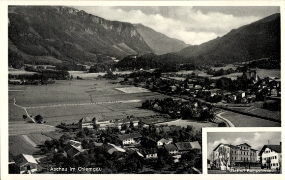 Postcard Aschau im Chiemgau Upper Bavaria, mountain landscape, town of Aschau, Gasthof Kampenwand, view of buildings