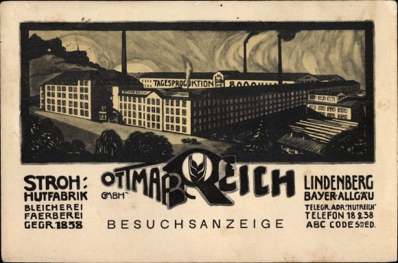 PC Lindenberg im Allgäu Swabia, Ottmar Reich, straw hat factory, bleaching, dyeing, advertising