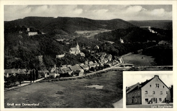 Postcard Donaustauf in the Upper Palatinate, landscape photograph, houses, church, Café Burgfrieden, nature
