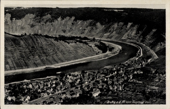 Postcard Bruttig Fankel on the Moselle, aerial view of Bruttig, Moselle, scenic view, black