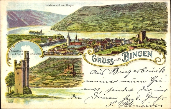 Chromo-Litho Bingen am Rhein, Panorama, Mouse Tower, Ehrenfels Ruin