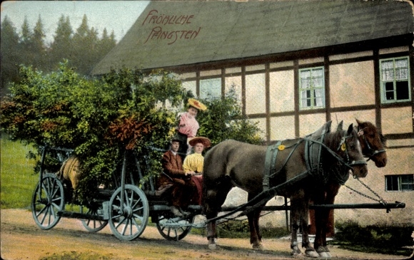 PC Celle in Lower Saxony, Happy Whitsun, rural wagon with two horses, three people...