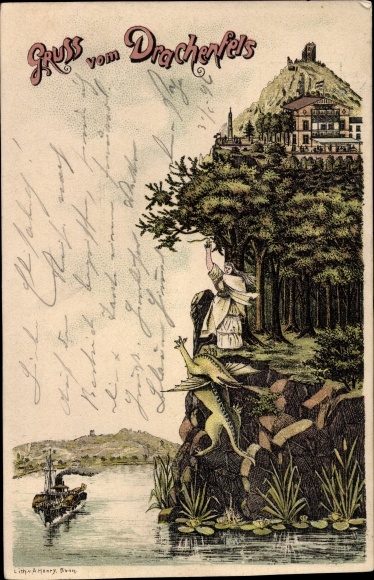 Litho Königswinter am Rhein, Drachenfels, Drachen, Flusspartie, Hotel