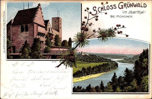 Chromo-Litho Grünwald in the district of Munich Upper Bavaria, view of the castle, Isarpartie