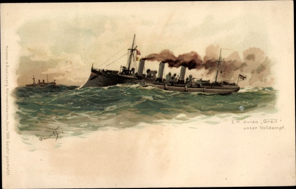 Artist Chromo-Litho Bohrdt, Hans, German warships, SMS Greif, Aviso, Imperial Navy