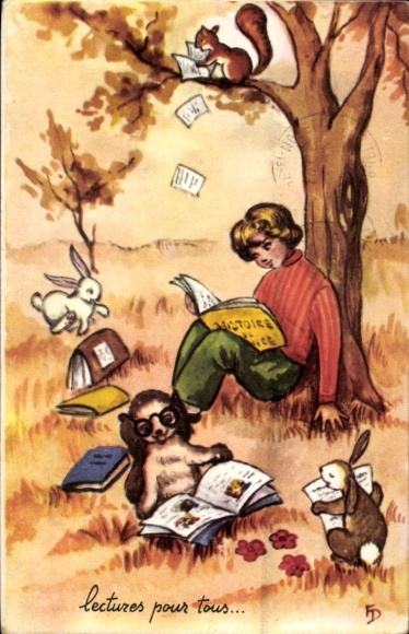 Artist Postcard Child reading leaning against a tree, hedgehog, rabbit, squirrel