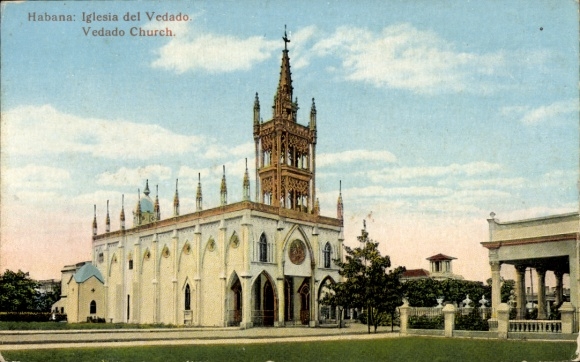 Postcard Havana Habana Cuba, Iglesia del Vedado, Vedado Church, colorful
