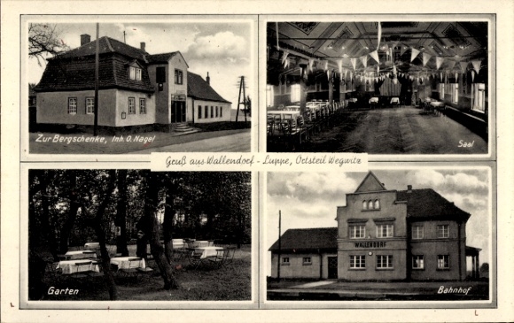 Postcard Wegwitz Wallendorf Luppe Schkopau Saxony-Anhalt, Zur Bergschenke, hall, train station, garden