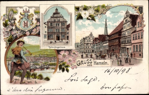 litho Hamelen aan de Weser Nedersaksen, Osterstrasse, rattenvanger, rattenvangerhuis