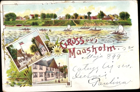 Litho Maasholm in Sleeswijk Holstein, stadsgezichten, zeilboten